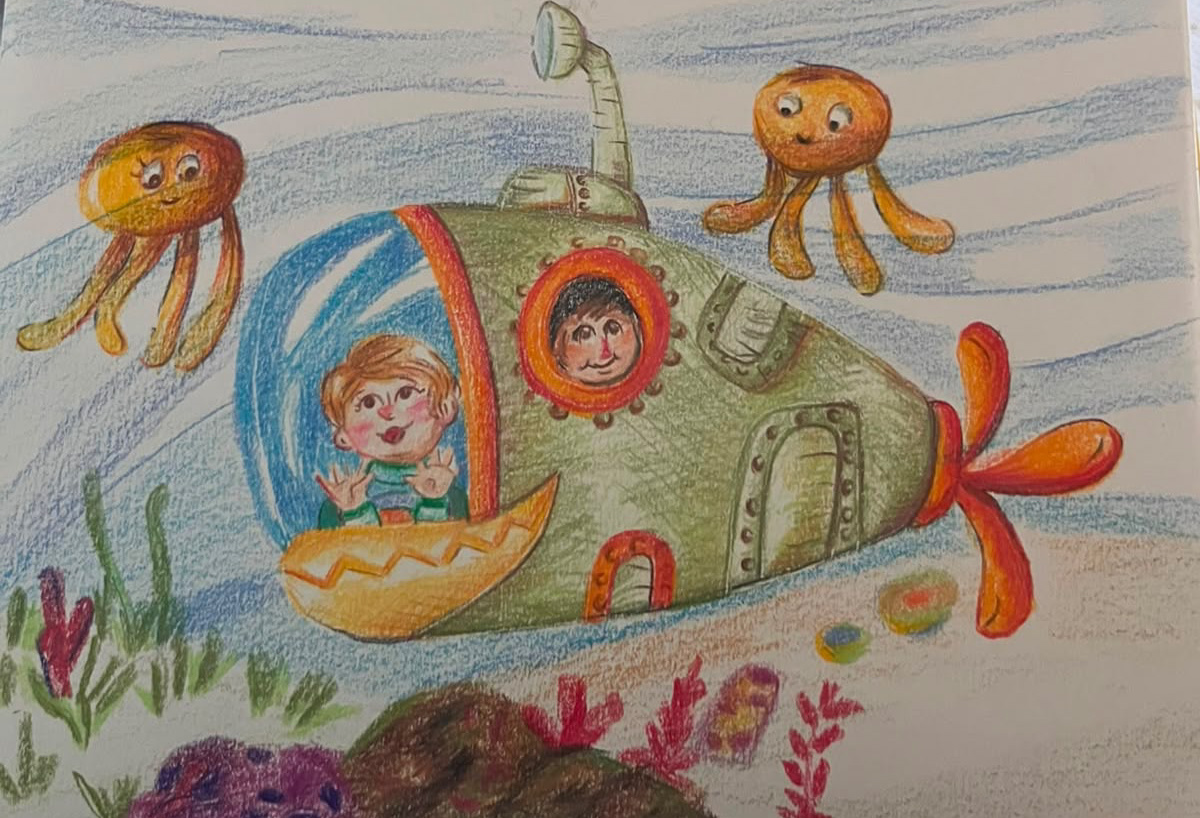 Ilustração feita à mão de um submarino com crianças no fundo do mar
